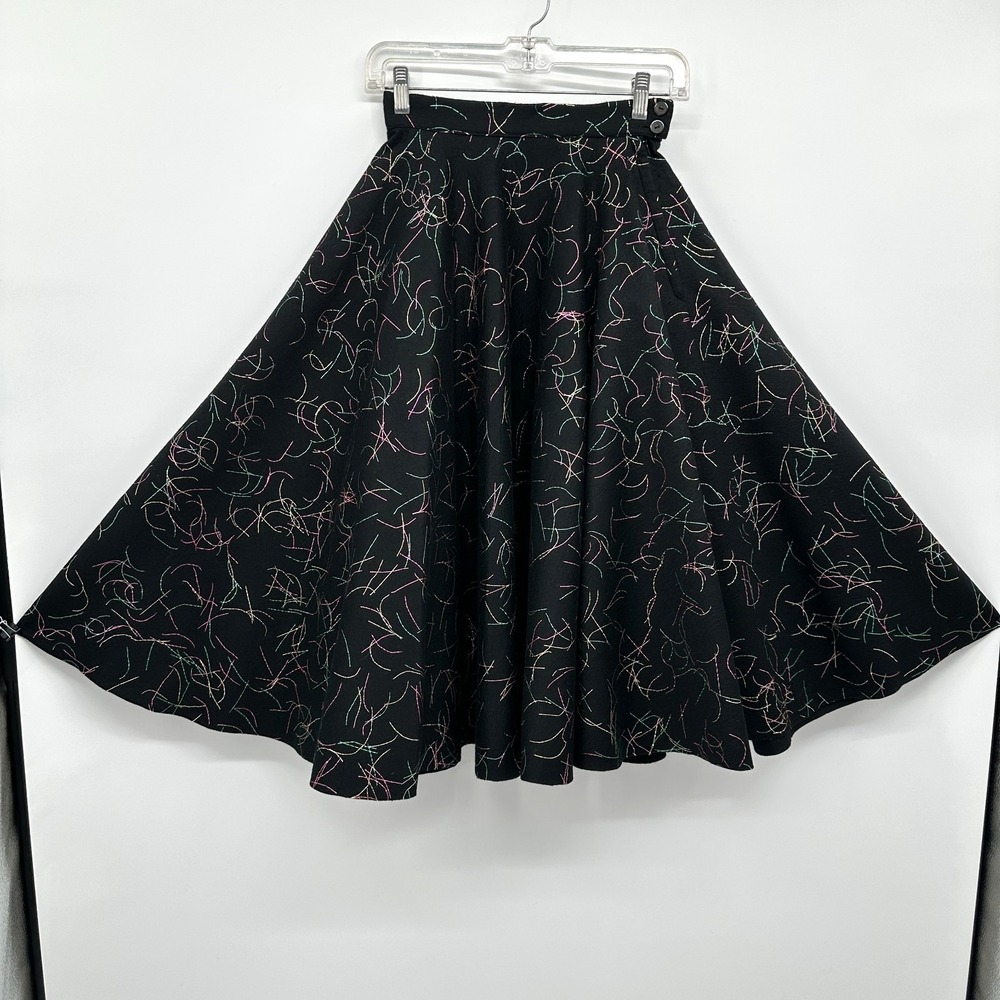 Vintage Carole Chris Felt Midi Skirt Size XS Black Confetti‎ 192" Huge Sweep